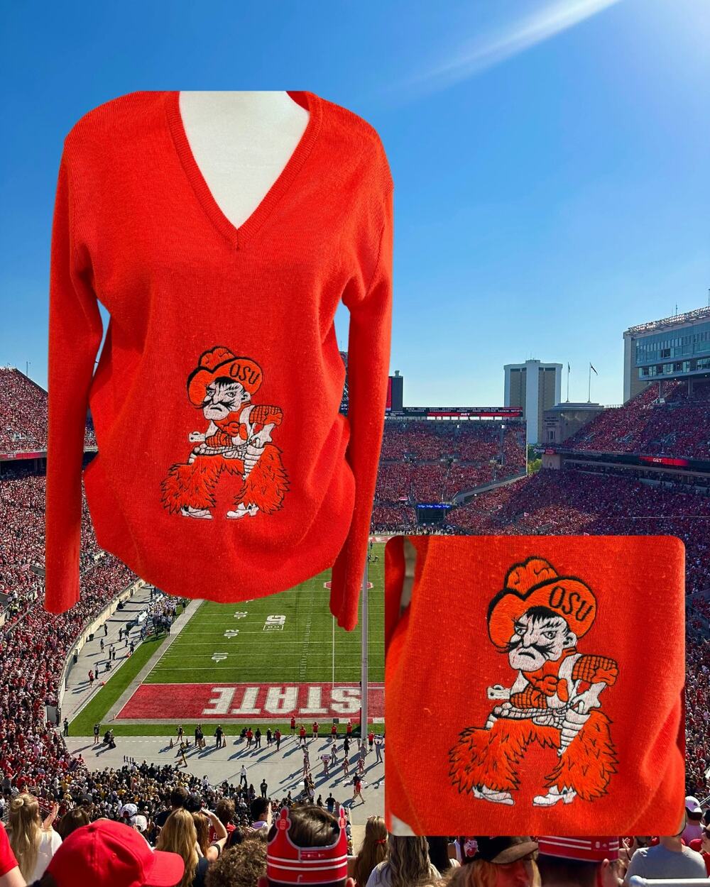 Vintage 70s/80s Oklahoma State Cowboys V-Neck Sweater Orange Pistol Pete Sz L